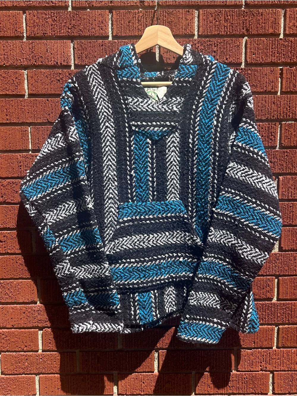 Baja Hoodie Pullover – Black / White / Blue Mexican Blanket Hoodie